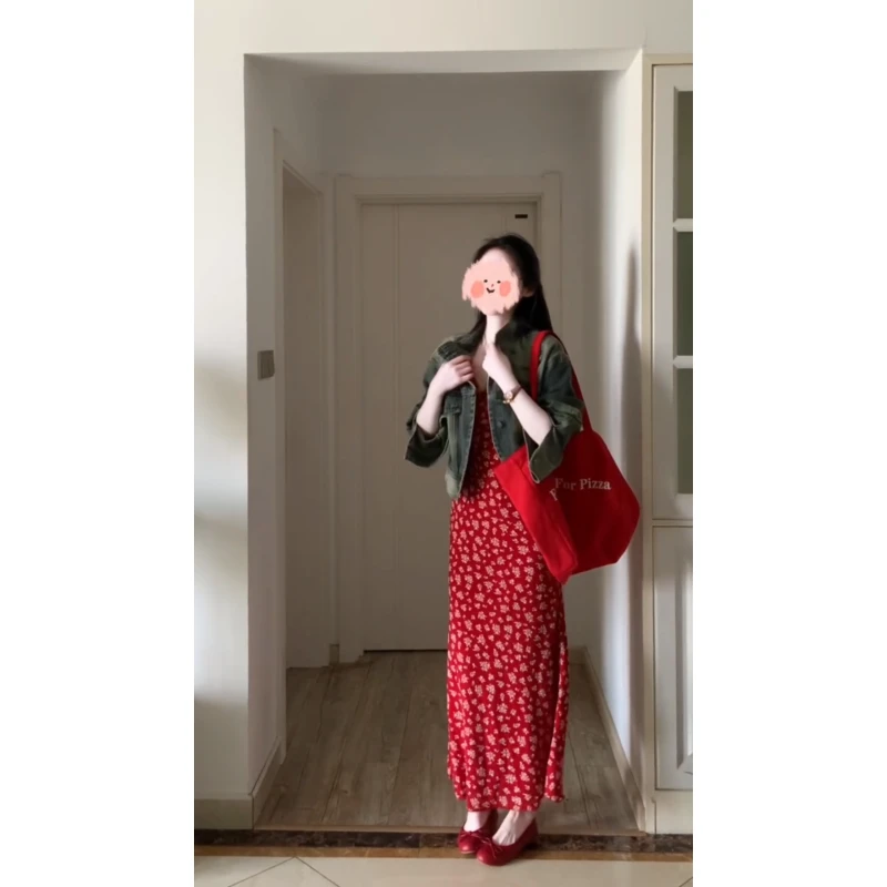 MARIE.COCO气质时尚女装多巴胺小裙气质牛仔外套红色吊带裙两件套