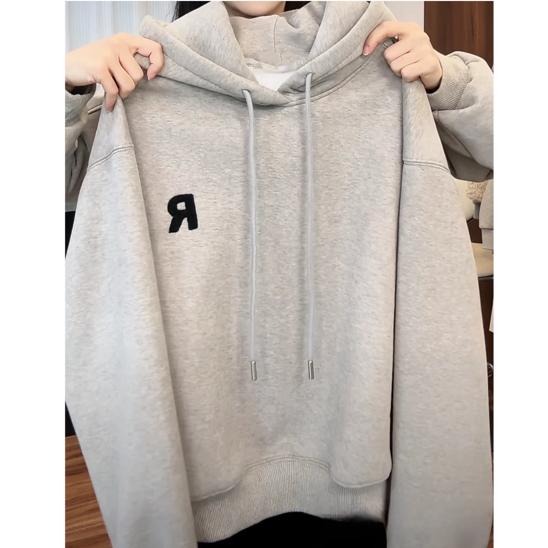 设计感刺绣字母R加绒连帽卫衣女秋冬2024年新款百搭休闲长袖上衣