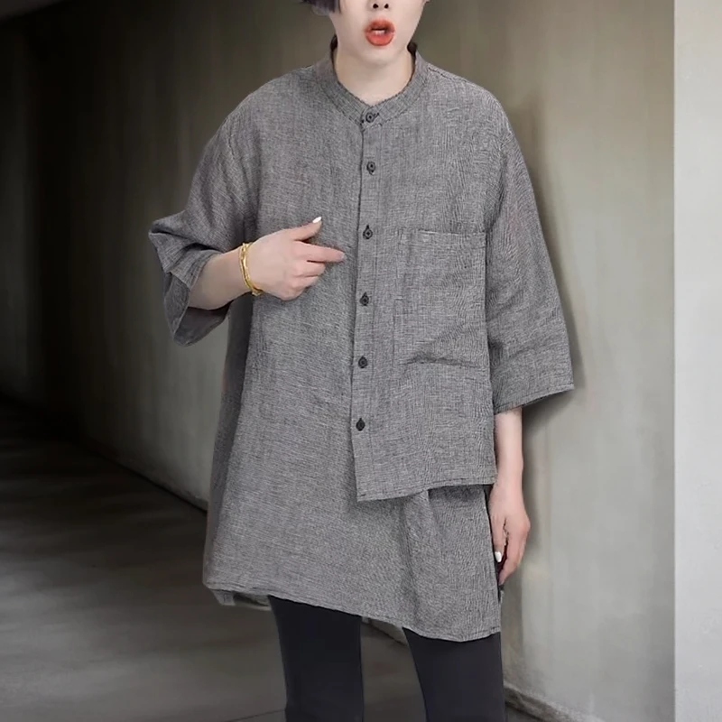 设计感格子亚麻衬衫女士2025夏季新款洋气减龄宽松不规则立领上衣