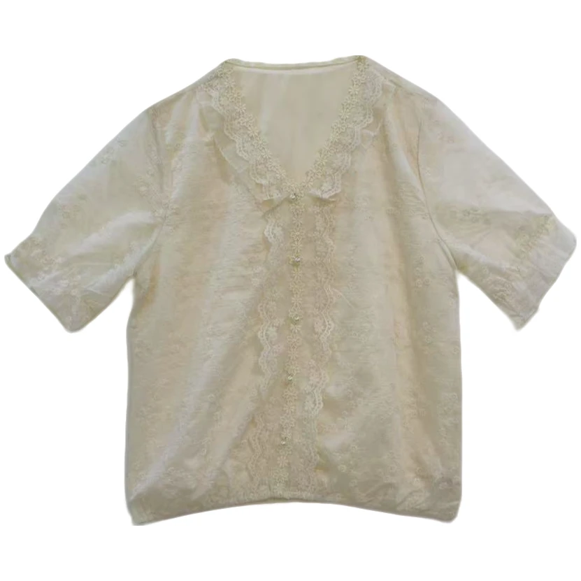 桐然精选280#夏季新款名媛气质时尚蕾丝花边高级感V领短袖上衣