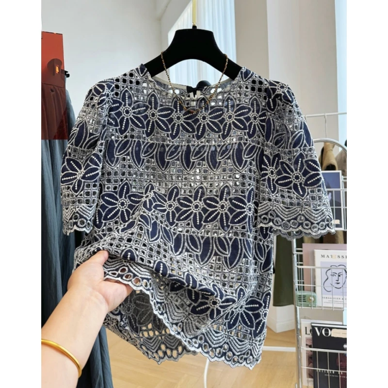 K0644高级感别致镂空刺绣蕾丝衫女夏季短袖小衫法式气质轻奢上衣