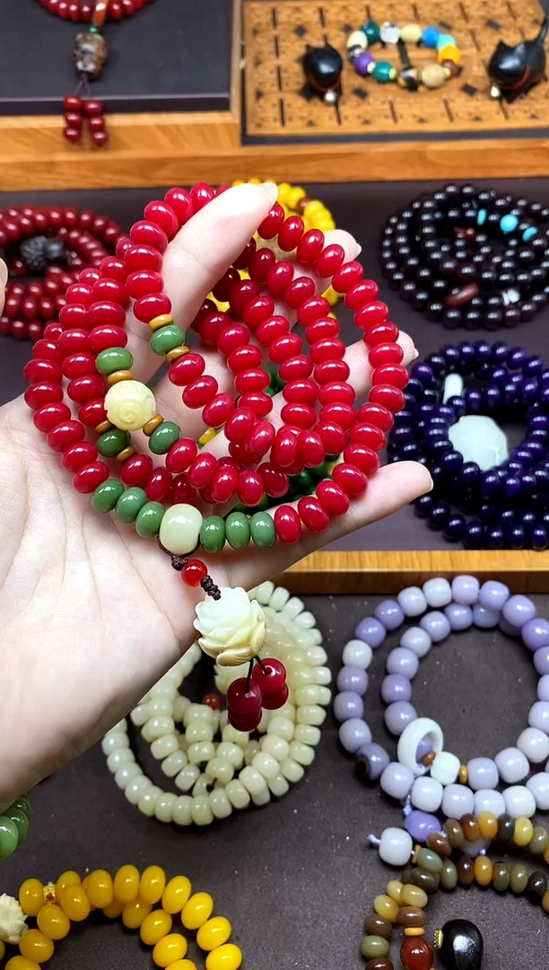 白玉菩提手串红菩提小米珠108颗雕刻火莲花手串