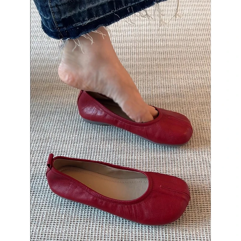 羊皮版~复古红平底猪蹄单鞋女配裙子新款夏季一脚蹬豆豆鞋奶奶鞋
