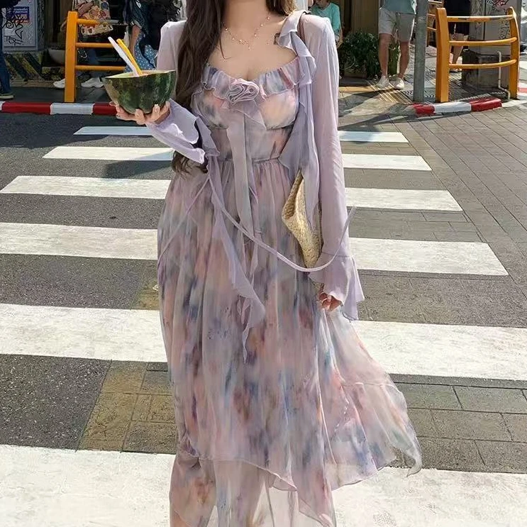 仙仙纯欲飘带不规则吊带大码连衣裙两件套8888