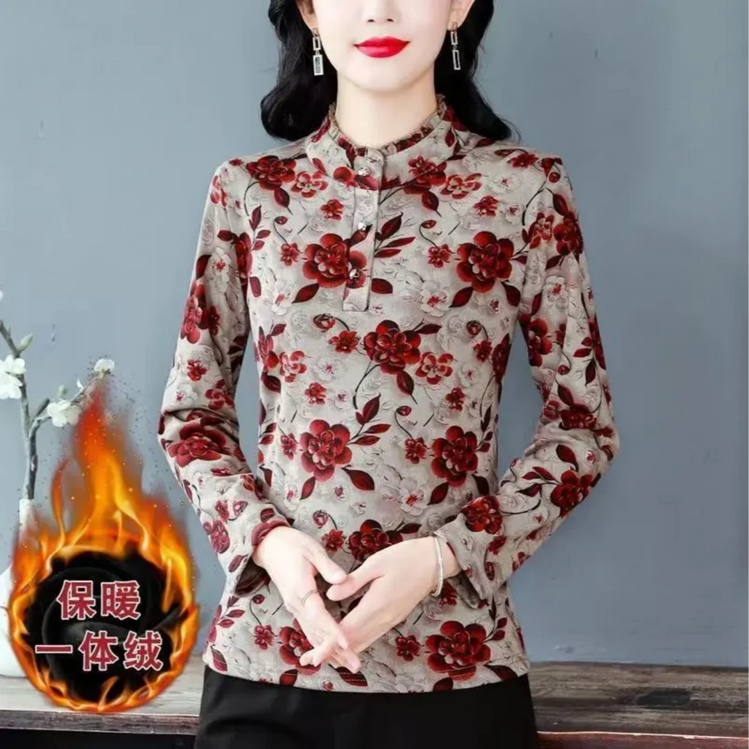 1125加绒加厚花边领半高领冬季保暖打底衫保暖妈妈装