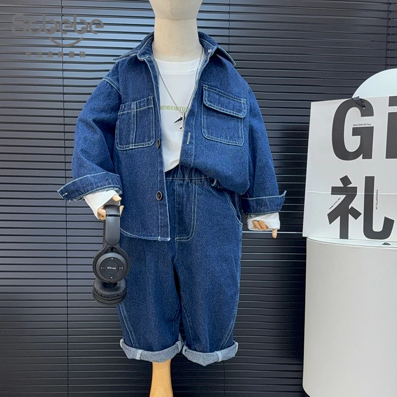 SCBEBE儿童牛仔套装韩版百搭2025春季新款线条双兜牛仔套装AT882