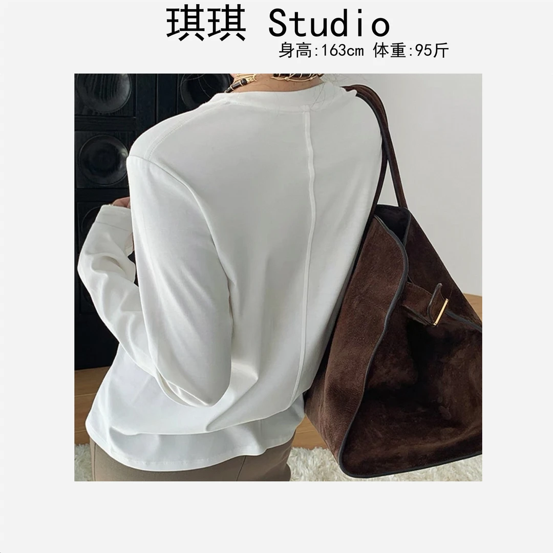 春季新款圆领长袖基础简约后背鱼骨显瘦线减龄休闲百搭上衣1085-C