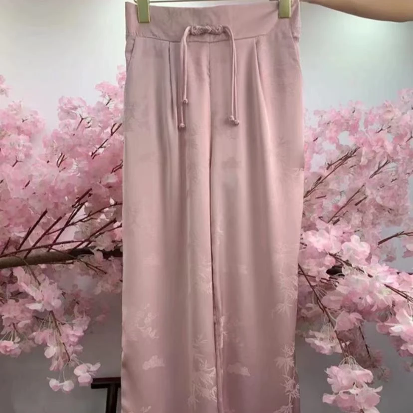 【意墨~裤子823】新中式提花高腰直筒阔腿裤女国风垂感显瘦休闲裤