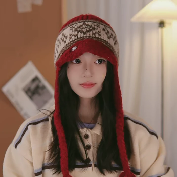 2025新款显脸小费尔岛针织帽女秋冬保暖加绒复古毛线帽护耳雷锋帽