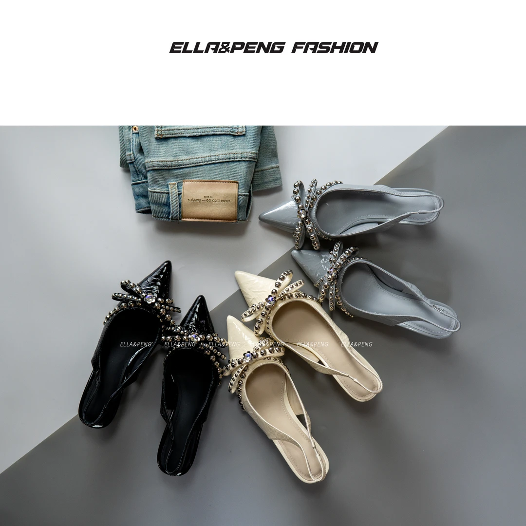 E/P‘STUDIO-猫跟5CM-设计师款蝴蝶结钉珠包头凉鞋小众软漆皮细跟