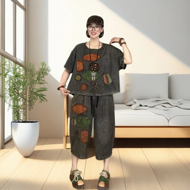 2025夏季贴布刺绣薄牛仔复古民族风套装时尚宽松休闲减龄中式穿搭