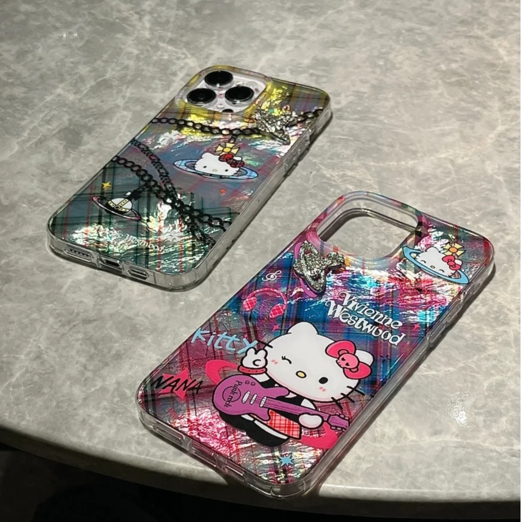 甜酷拼接格纹土星凯蒂猫冰川手机壳适用苹果华为/oppo/vivo小米