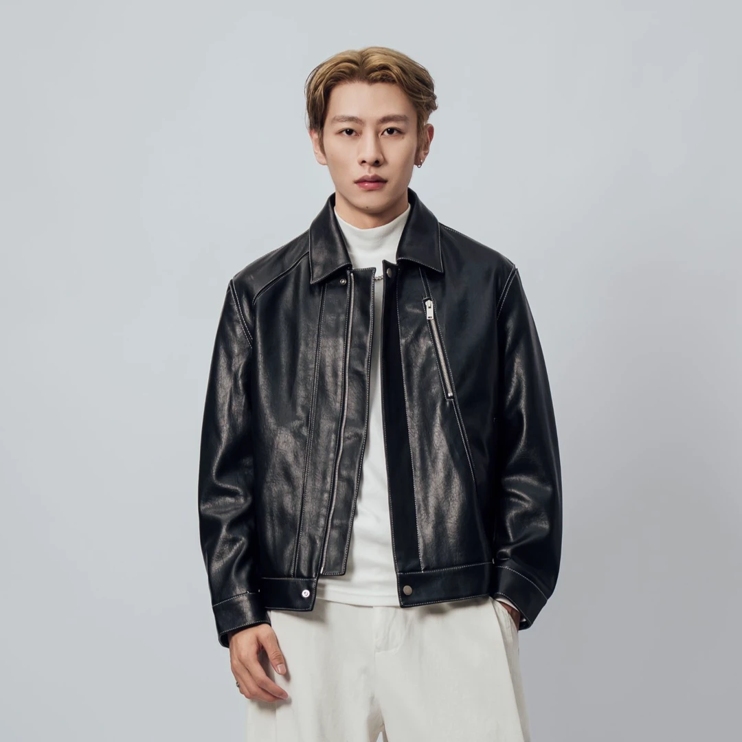 源作翻领长袖皮衣夹克立领潮流复古黑咖双色 DMCJ675-1