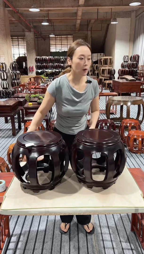 花梨木类端景台05微瑕亚花梨深色小号鼓凳一对不退不换