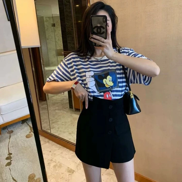 100棉纯棉【米老鼠】女装圆领条纹短袖T恤减龄显瘦休闲上衣妈妈装夏