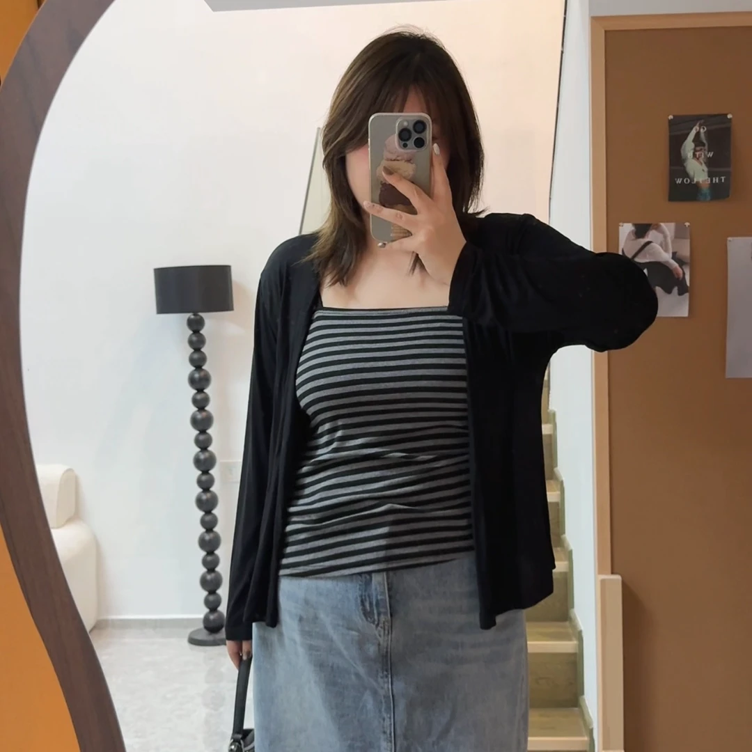 大码胖妹妹夏季新款显瘦气质收腰条纹吊带薄款凉爽丝滑开衫两件套