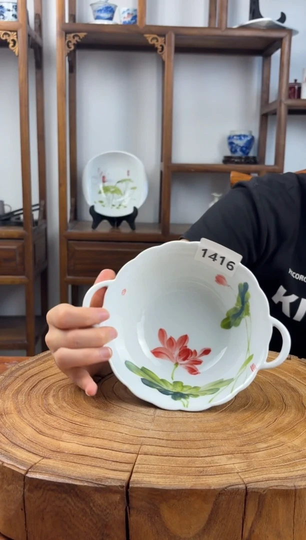瓷片景德镇高温釉中彩-花边双耳碗1416
