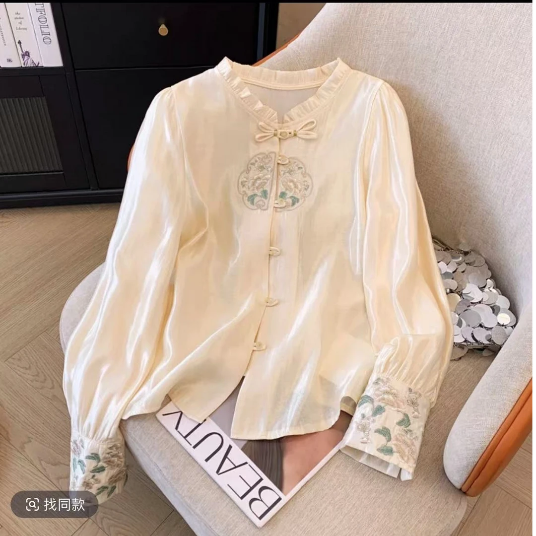 重工刺绣衬衣盘扣新中式古风长袖衬衫女春秋新款洋气法式小衫上衣
