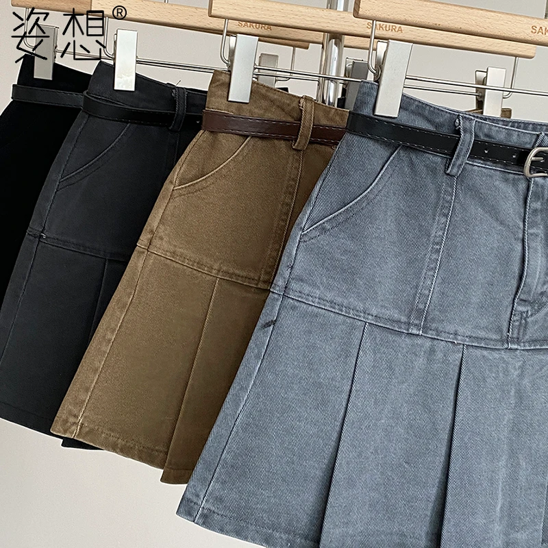 牛仔百褶半身裙女春季2025新款韩版百搭高腰显瘦防走光A字短裙夏