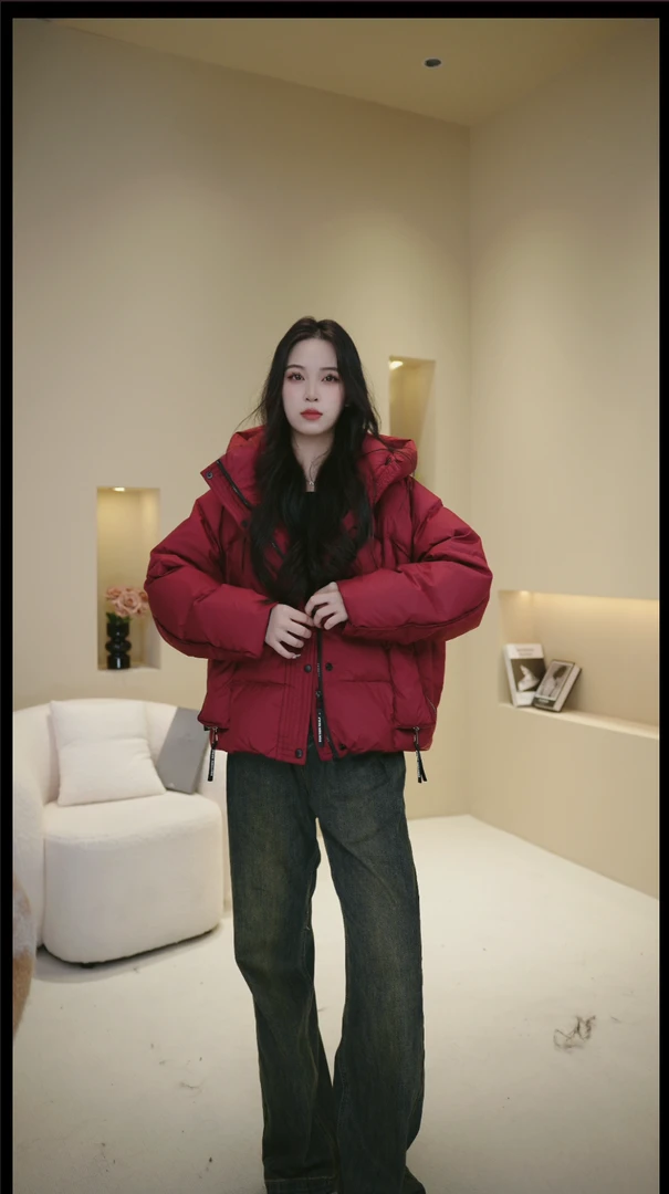 白鸭绒韩版短款柔软宽松连帽保暖拉链口袋休闲百搭连帽羽绒服加厚