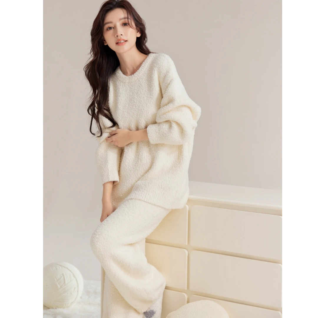 软绵绵冬季外穿休闲套头半边绒保暖慵懒风宽松可外穿家居服套装