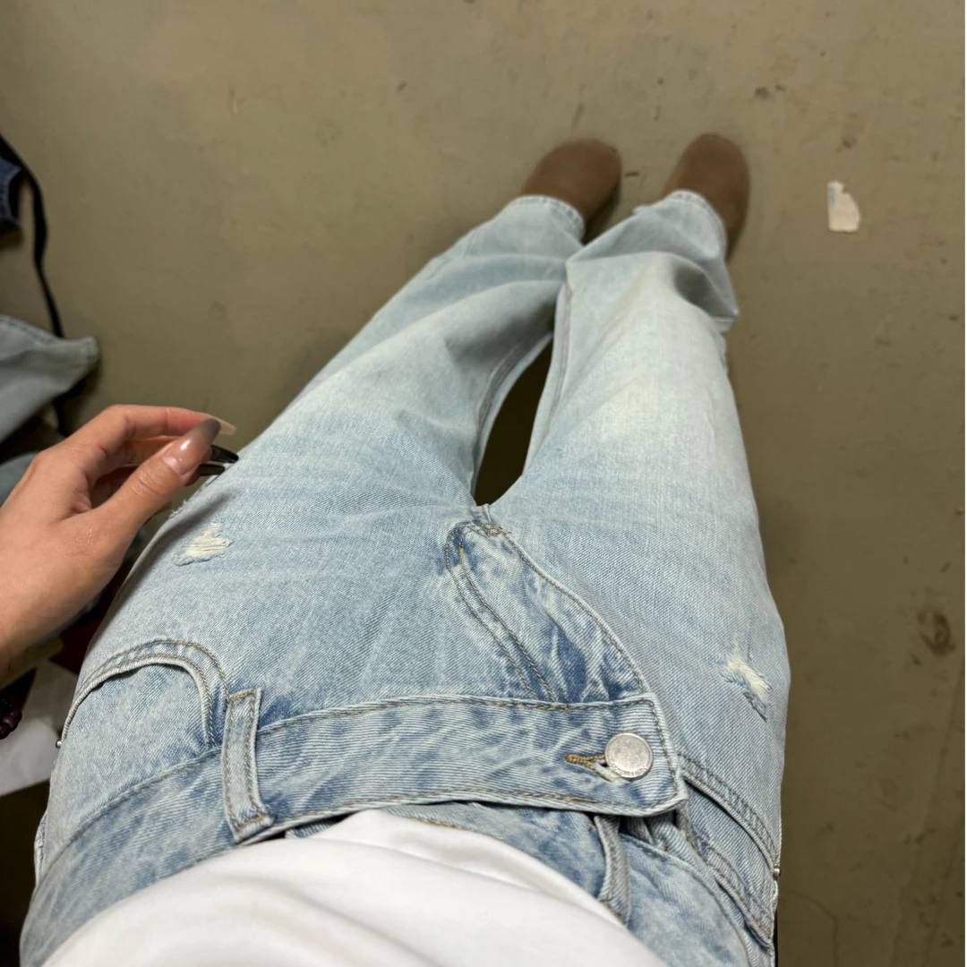 YOYO自制春夏直筒修身时尚设计感水洗牛仔阔腿拖地裤