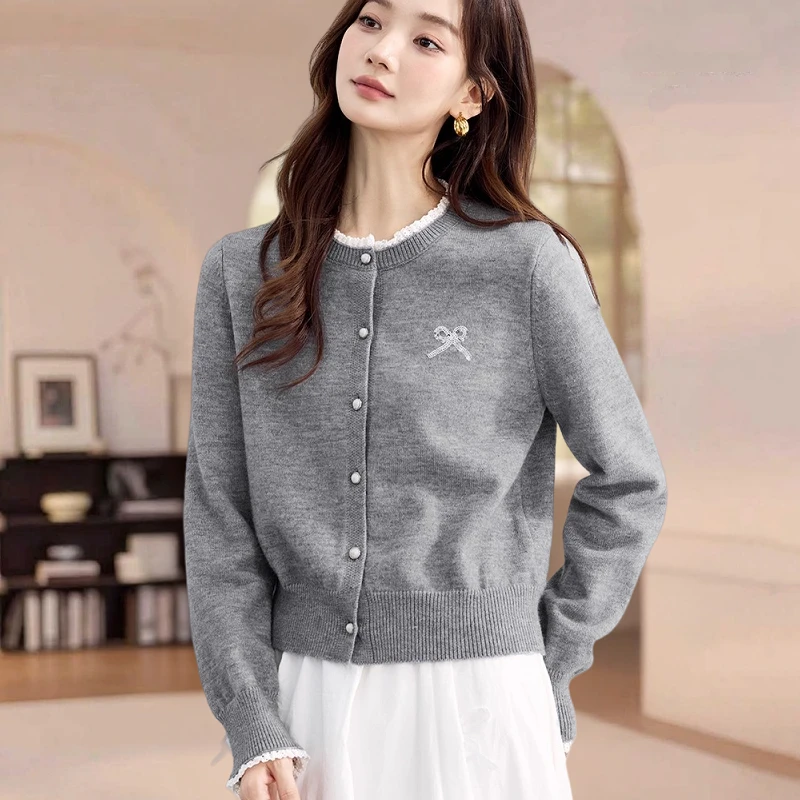 法式高级拼接蕾丝花边针织开衫女秋冬季重工烫钻蝴蝶结软糯毛衣