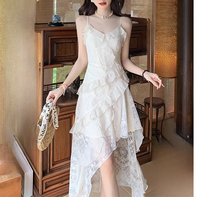 霍文萨列绝美小个子性感吊带连衣裙女夏温柔风显瘦蕾丝长裙子