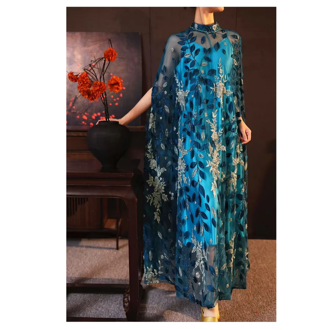 【李小姐】设计师时尚高定气质蓝色斗篷式网纱刺绣复古中国风连衣裙