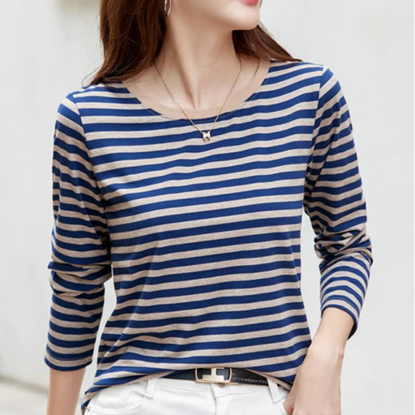 433条纹圆领长袖复古弹力修身显瘦大码秋冬女装打底衫棉内搭T恤