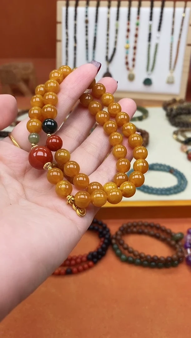 手链蜜蜡未镶嵌双圈蜜蜡和田南红手串