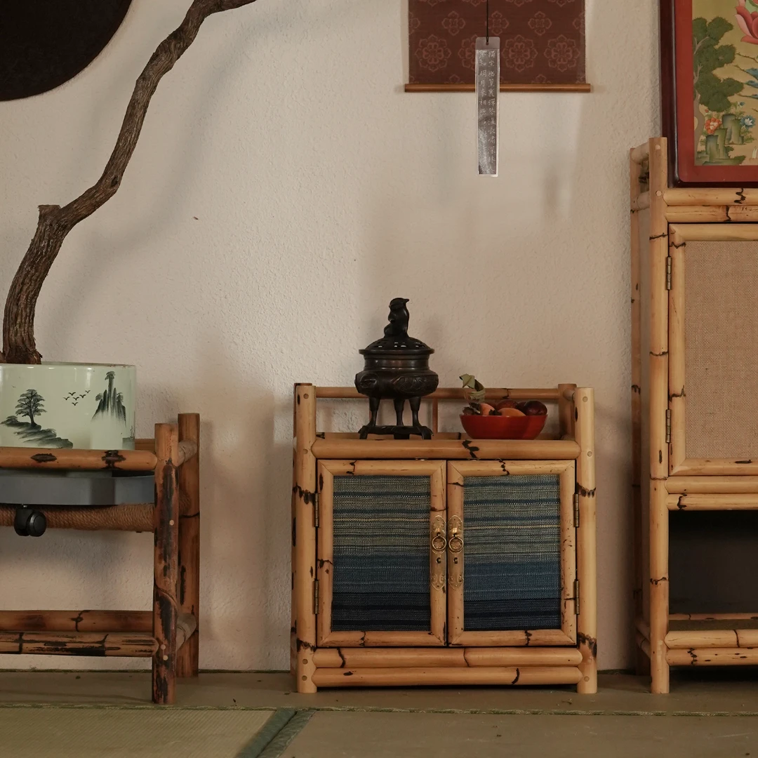 赋石天然竹藤手工制作蓝染禅意茶柜矮柜中式复古茶空间置物茶叶柜