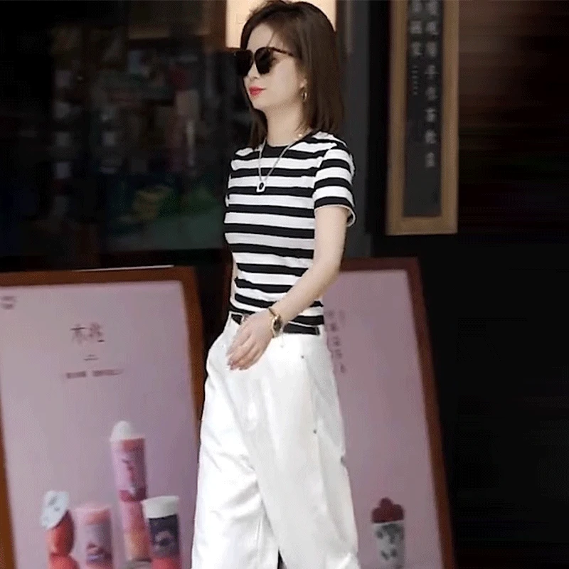 2025夏季新款条纹正肩短袖T恤女修身显瘦高级感减龄百搭圆领上衣