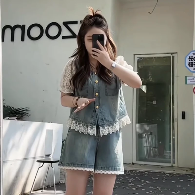 复古牛仔拼接蕾丝上衣短裤两件套女夏季大码高级感时尚显瘦套装裤