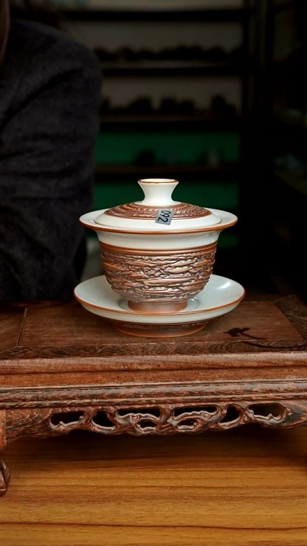 杯092号月白重工三才元宝盖碗微微 不完美