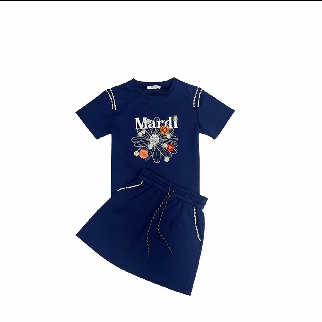 【姿姐专属】夏季新款时尚钉珠花朵短袖显瘦夏季短袖短裙套装A091