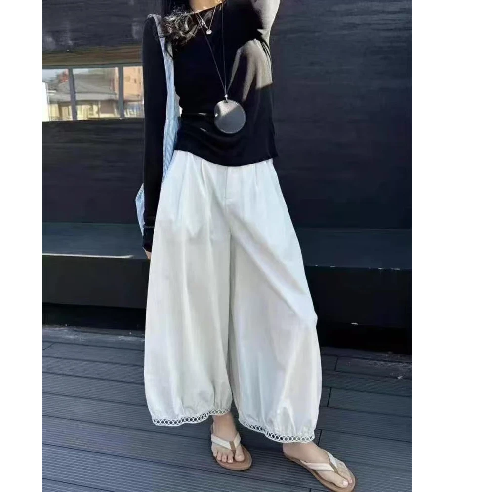 韩版2025夏新款宽松休闲百搭时尚松紧腰拼接镂空休闲九分裤25053