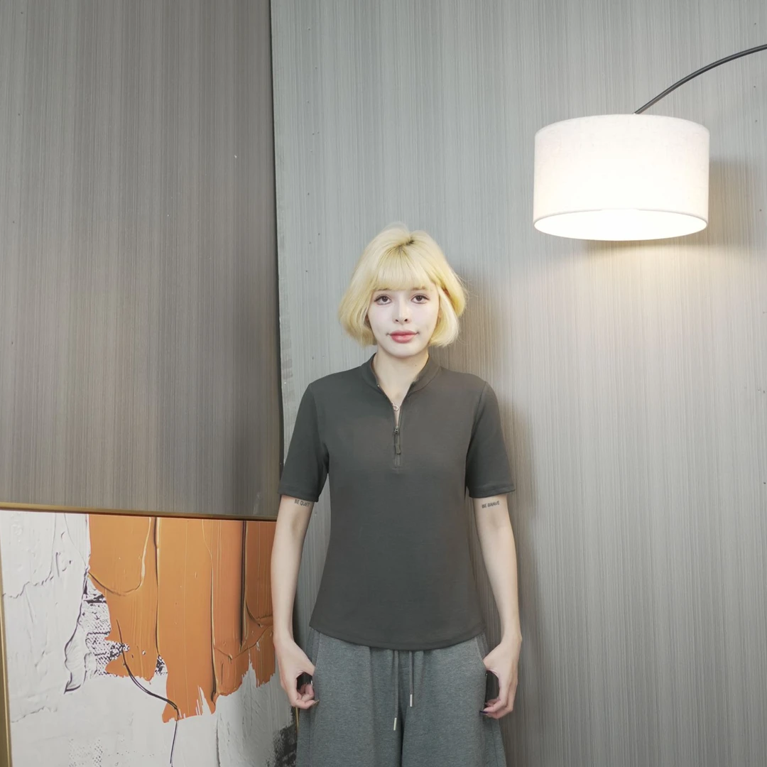 【冰冰推荐】530立领拉链半袖气质时尚T恤简约针织圆领通勤纯色短袖