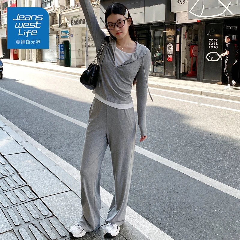 真维斯无界春夏新款假两件收腰套装女休闲百搭通勤气质小个子女装