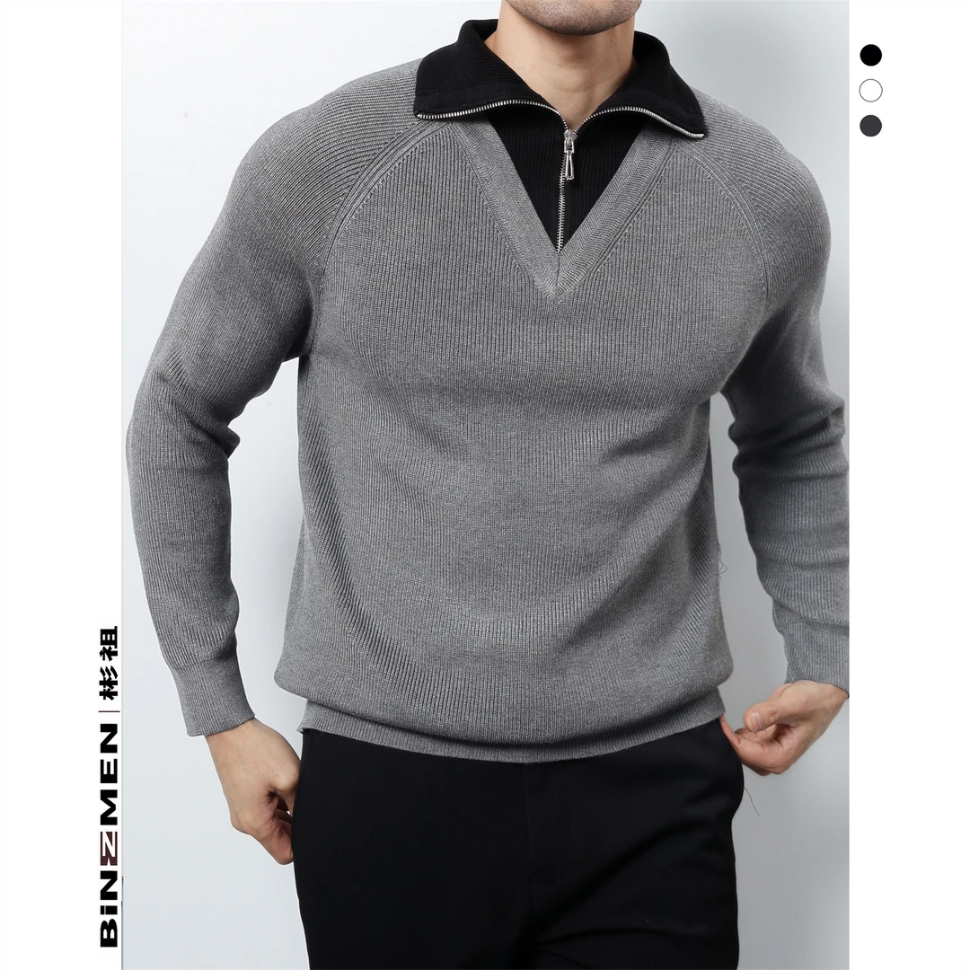 慵懒撞色男士假两件衬衫毛衣高级感痞帅洋气翻领休闲针织打底衫男