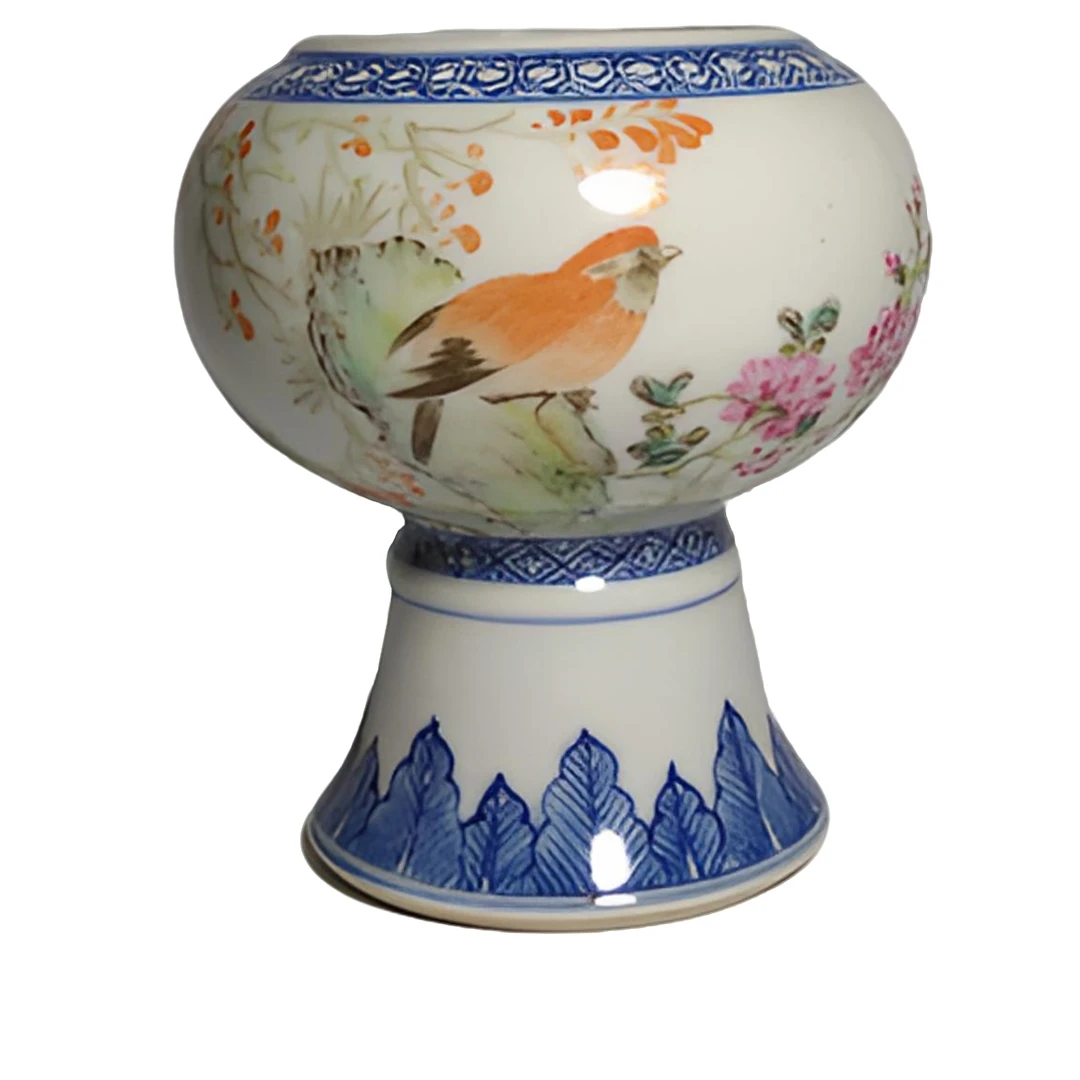 浅降彩富贵吉祥花鸟图复古高足杯陶瓷中式白瓷手绘