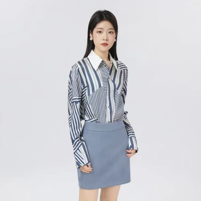 AMASS/阿玛施5301098春季新款长袖宽松时尚休闲条纹女士衬衣衬衫