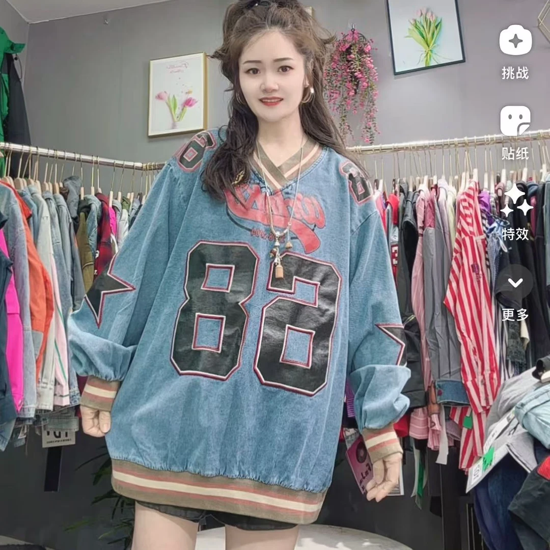 LY家6376#AF 66数字印花V领螺纹拼接袖宽松百搭休闲卫衣