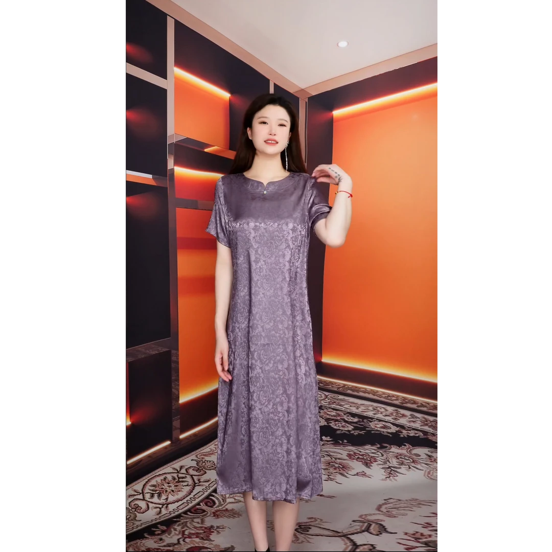A18 夏季妈妈新款旗袍气质中式短袖连衣裙时尚洋气显瘦提花裙子