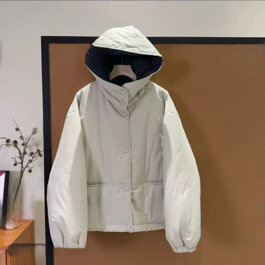 欧货格子拼接连帽棉衣外套女2025秋冬新款宽松保暖夹棉棉服上衣