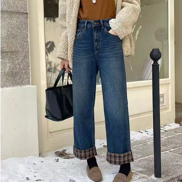 （更衣铺专属）2930加绒卷边格子牛仔裤