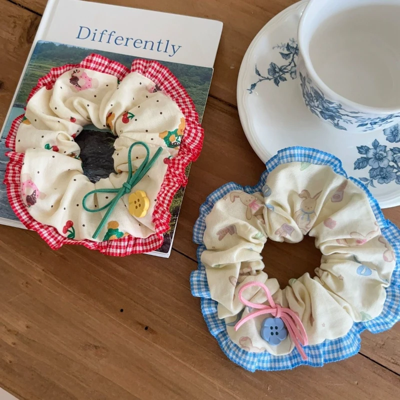 【2个装】樱桃小熊森系花朵纽扣边大肠发圈红色发绳甜美少女发饰