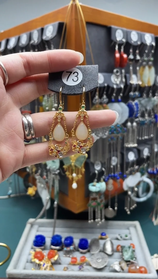 和田玉银S925镀金镶嵌耳饰容*饰品