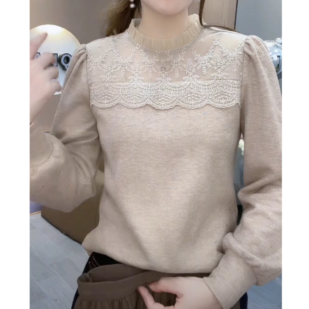 2025秋季新款漂亮甜美时尚花边蕾丝小衫重工细闪亮片百搭打底衫