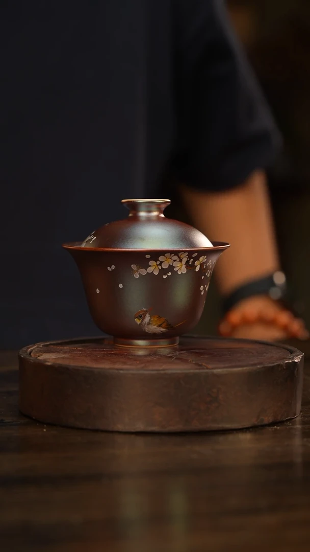 106柴房陶瓷柴烧窑宝新品花鸟盖碗